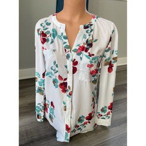Apt. 9 White Floral Blouse XS Tunic Top Long Sleeve Blouse V-Neck L8